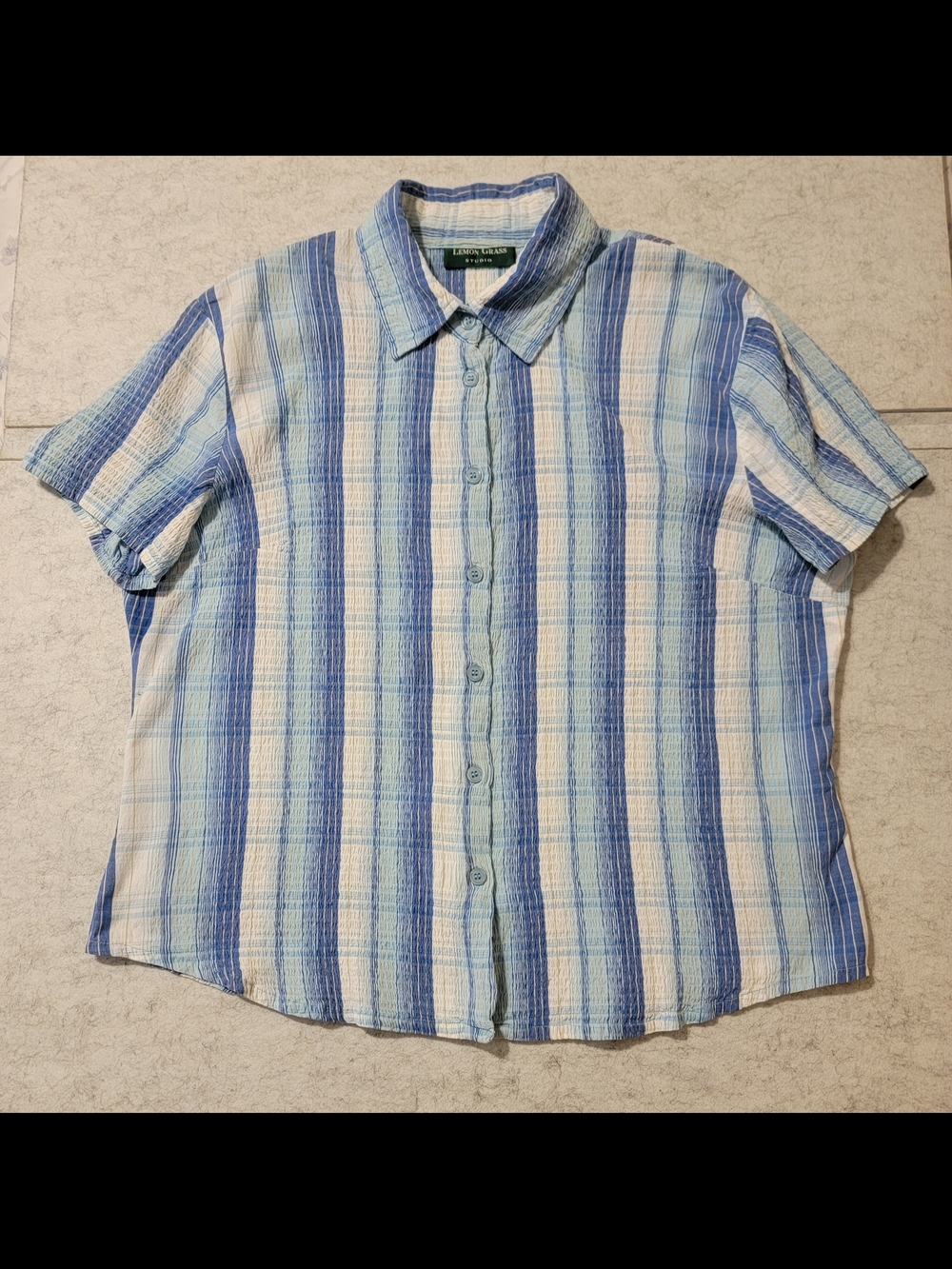 Y2K Vintage Lemon Grass Studio Blue Striped Crinkle Seersucker Shirt Boxy XL